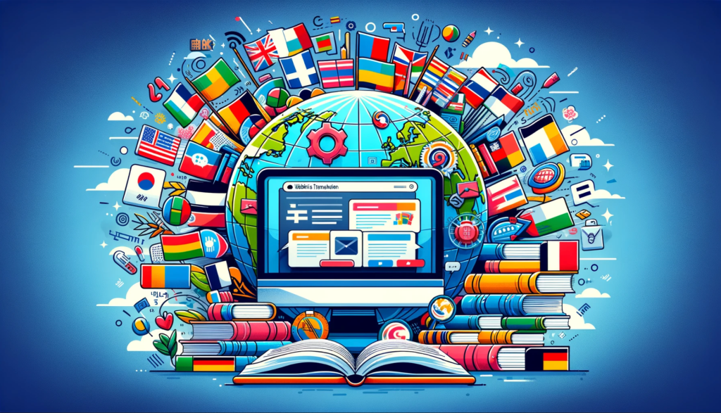 illustration of computer, book, globe and various flags